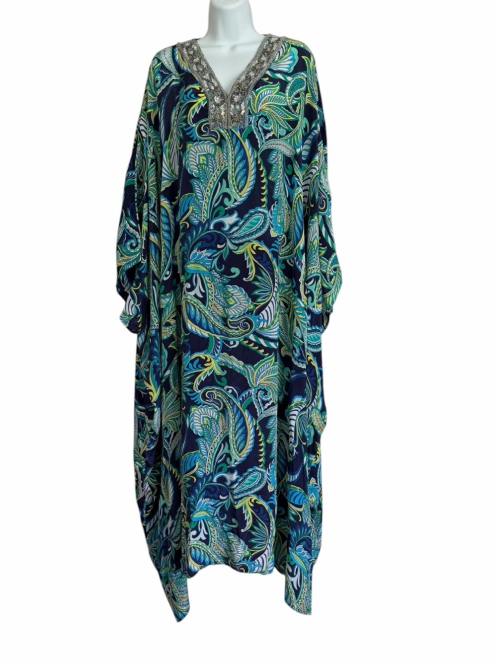 Soft Surroundings Green Blue V-neck Caftan Kaftan Maxi Dress Size L/XL Coverup